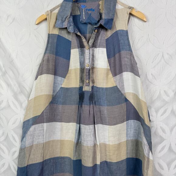 Yuvita Chambray Sleeveless Pintuck Plaid Linen Dress Lagenlook Blue Size S $148 - Picture 2 of 11